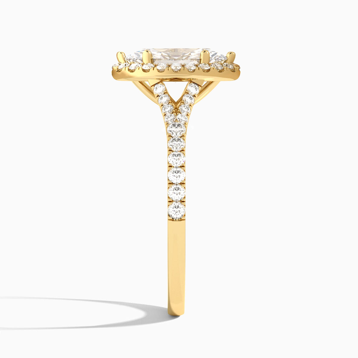 Marquise Bliss Halo Lab Grown Diamond Engagement Ring In 14K Yellow Gold, Side View