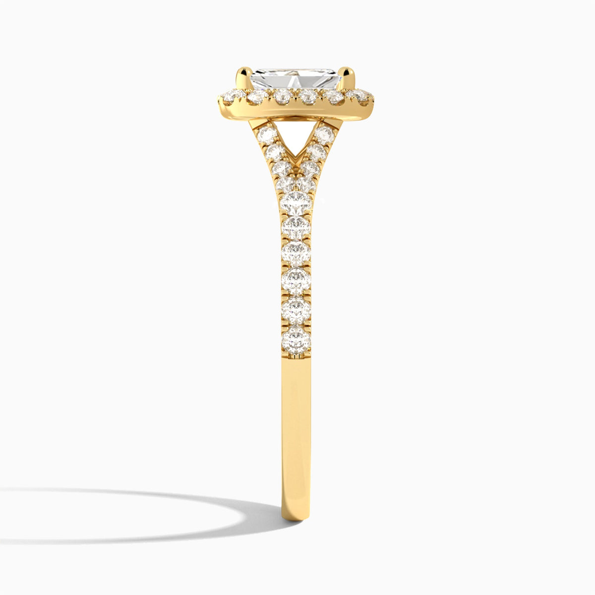 Radiant Bliss Halo Lab Grown Diamond Engagement Ring In 18K Yellow Gold, Side View