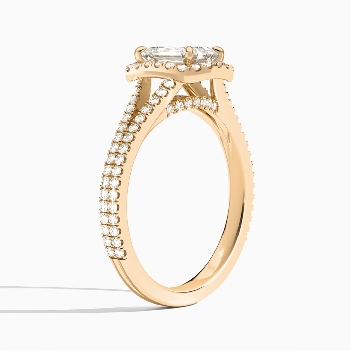 Emerald Minerva Halo Lab Grown Diamond Engagement Ring In 14K Rose Gold, Angle View