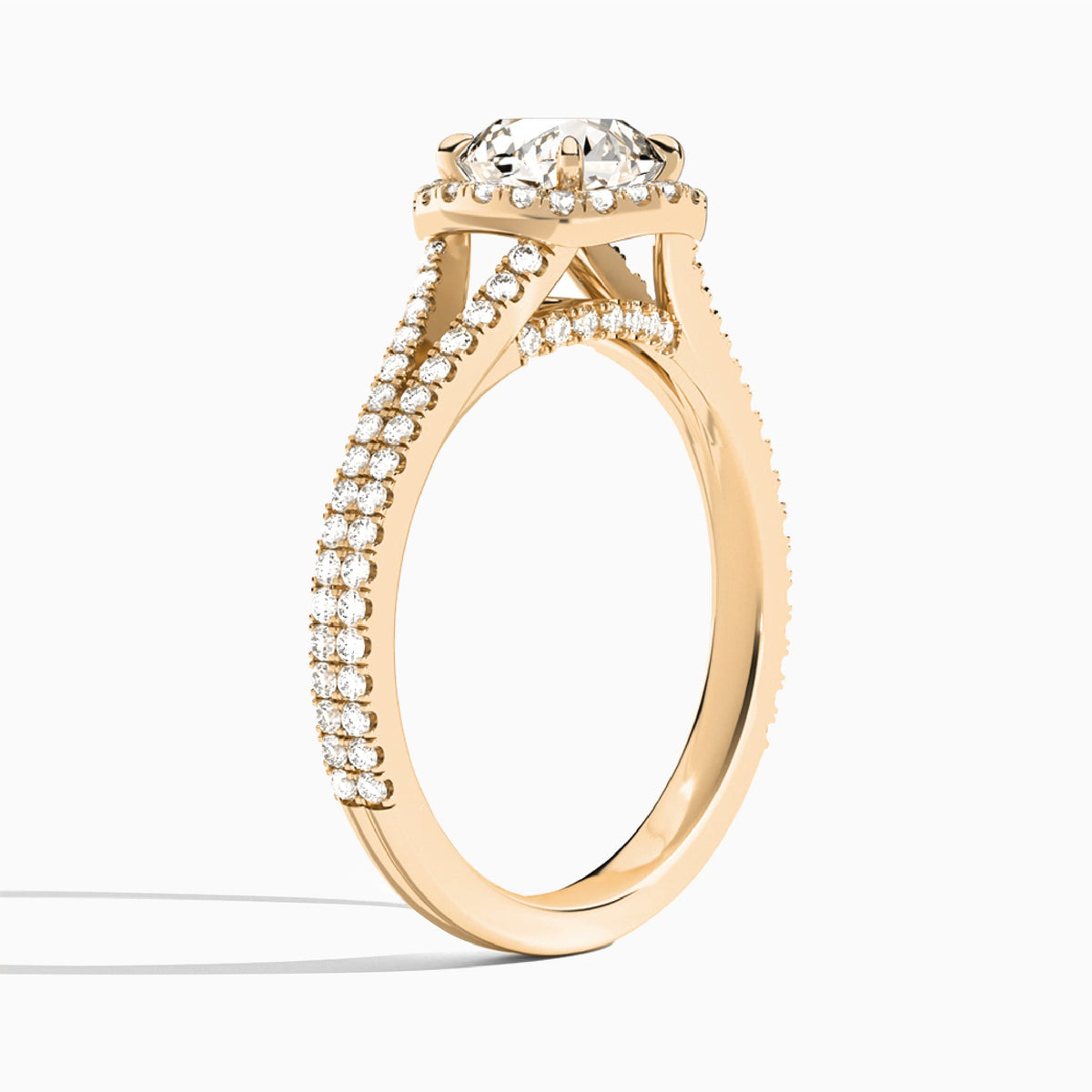 Round Minerva Halo Lab Grown Diamond Engagement Ring In 14K Rose Gold, Angle View