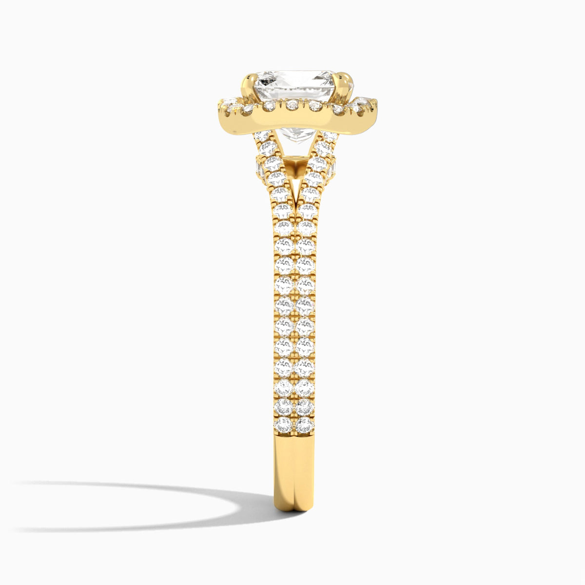 Cushion Minerva Halo Lab Grown Diamond Engagement Ring In 18K Yellow Gold, Side View