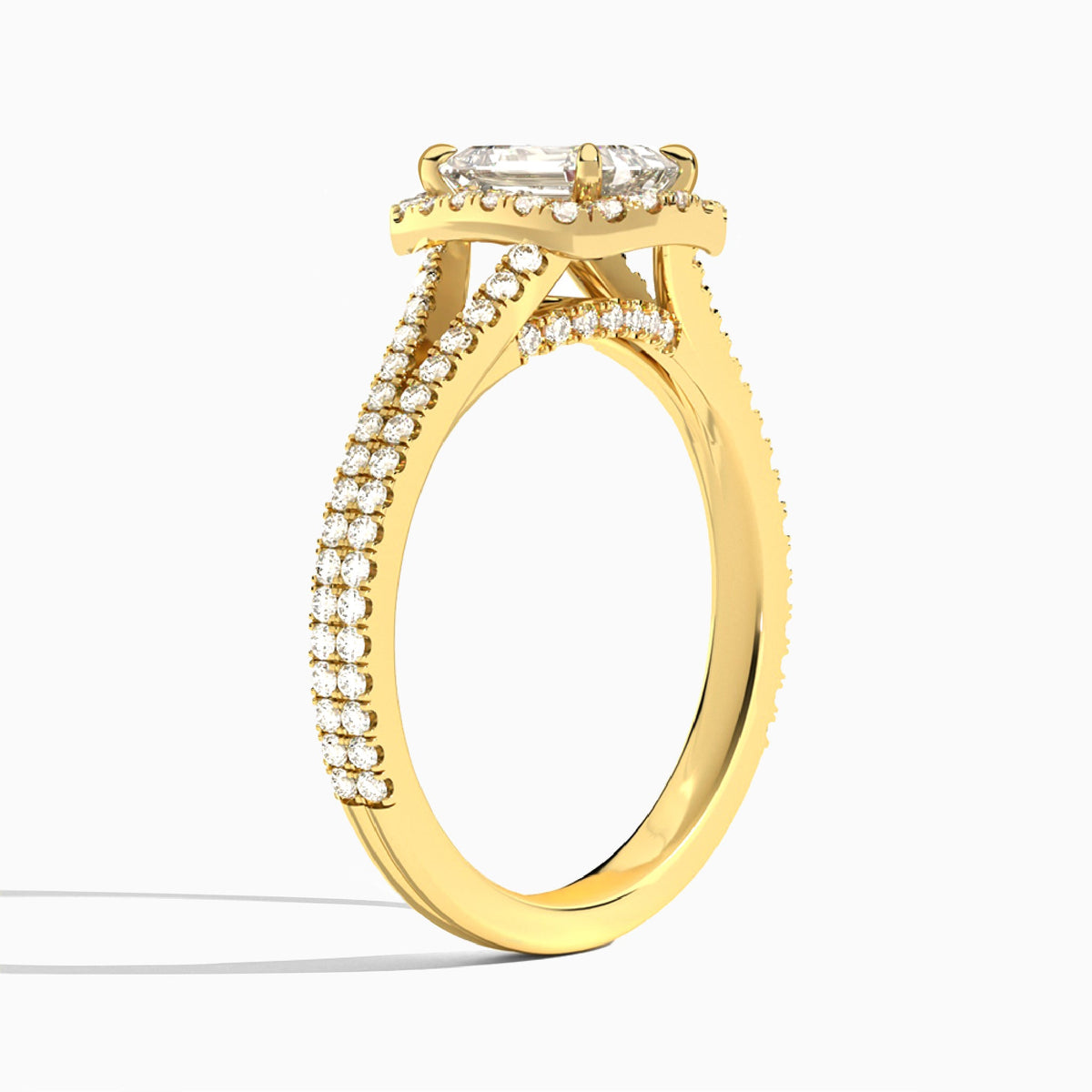 Emerald Minerva Halo Lab Grown Diamond Engagement Ring In 18K Yellow Gold, Angle View