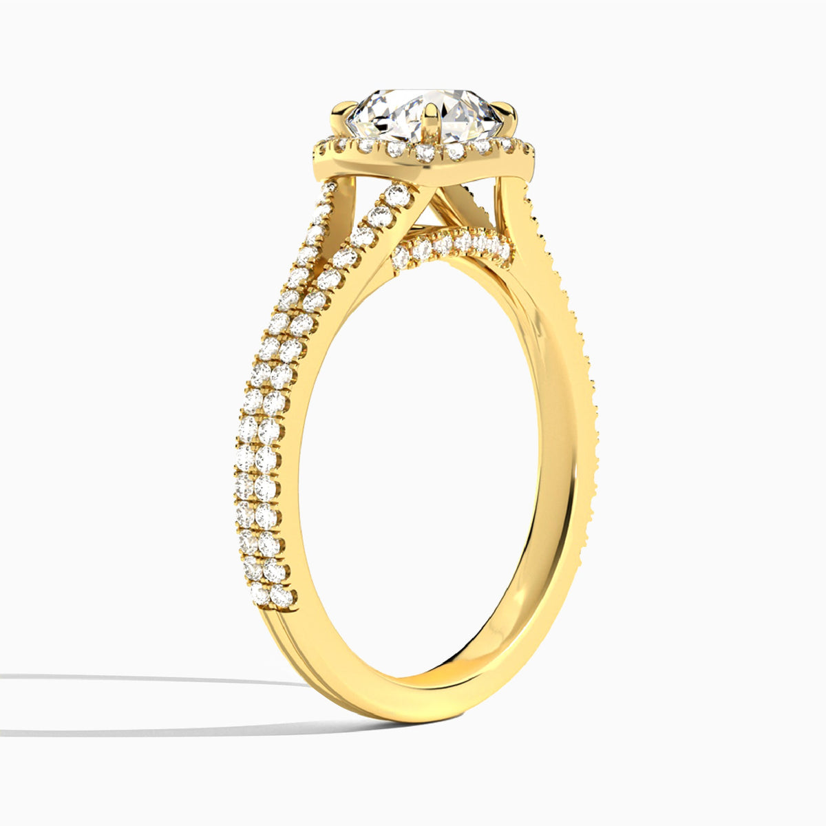 Round Minerva Halo Lab Grown Diamond Engagement Ring In 18K Yellow Gold, Angle View