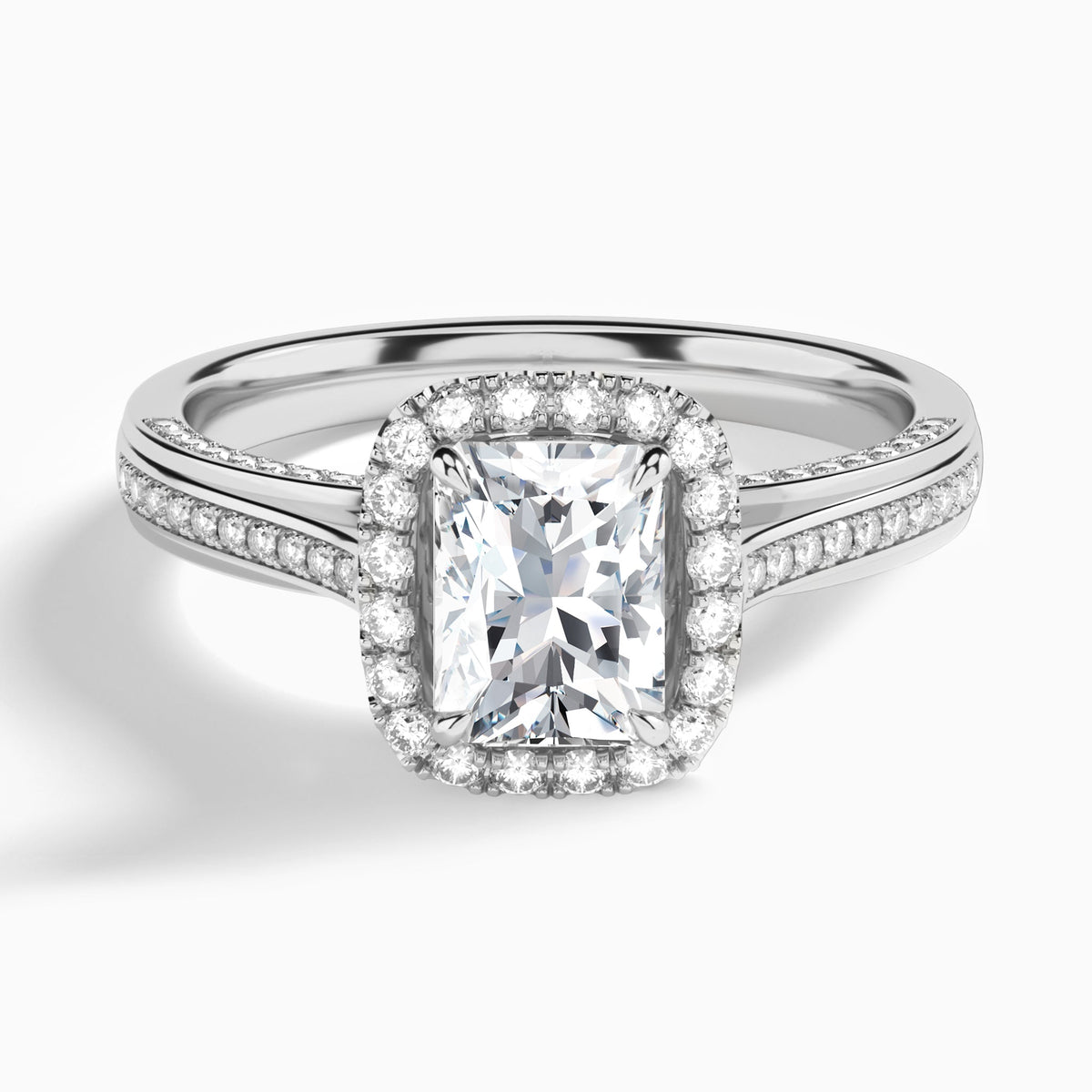 Radiant Luxe Pavé Halo Lab Grown Diamond Engagement Ring In Platinum - Lucenjuri