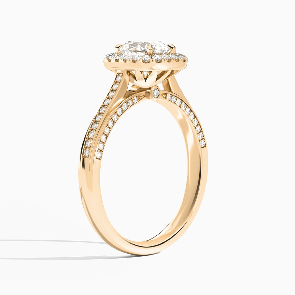 Oval Luxe Pavé Halo Lab Grown Diamond Engagement Ring In 14K Rose Gold, Angle View