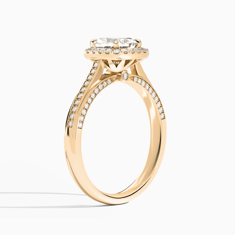 Radiant Luxe Pavé Halo Lab Grown Diamond Engagement Ring In 14K Rose Gold, Angle View