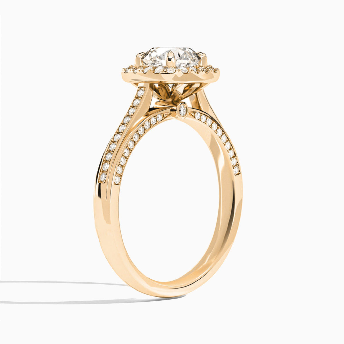 Round Luxe Pavé Halo Lab Grown Diamond Engagement Ring In 14K Rose Gold, Angle View
