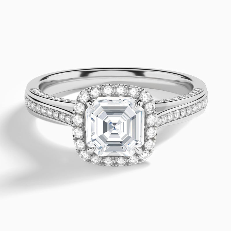 Asscher Luxe Pavé Halo Lab Diamond Engagement Ring In 18K White Gold - Lucenjuri