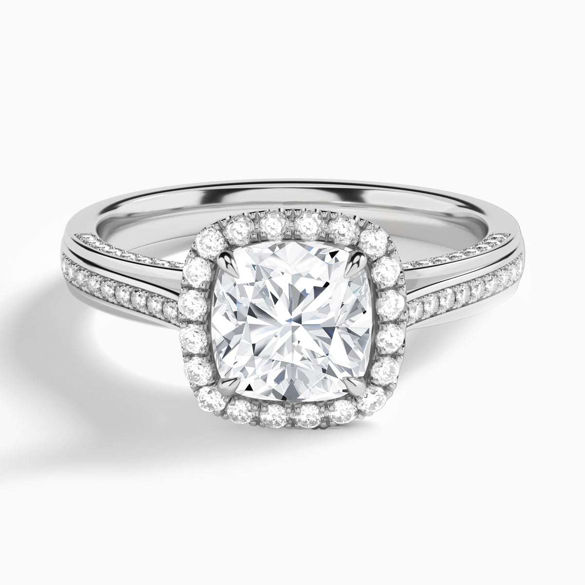 Cushion Luxe Pavé Halo Lab Diamond Engagement Ring In 14K White Gold - Lucenjuri