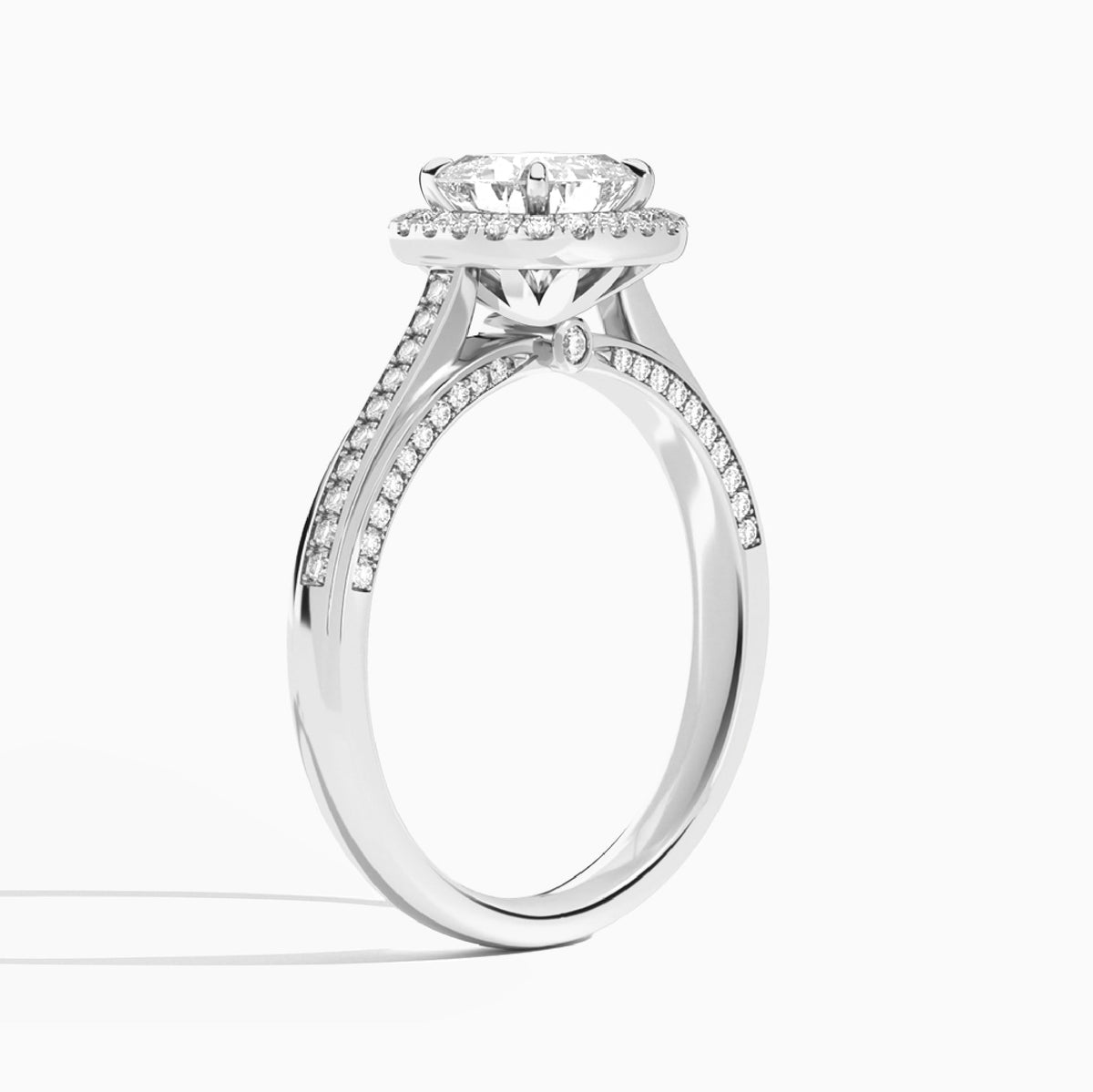 Cushion Luxe Pavé Halo Lab Diamond Engagement Ring In 14K White Gold, Angle View