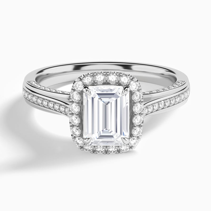 Emerald Luxe Pavé Halo Lab Diamond Engagement Ring In 14K White Gold - Lucenjuri