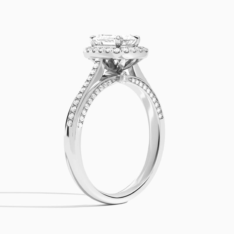 Emerald Luxe Pavé Halo Lab Diamond Engagement Ring In 18K White Gold, Angle View