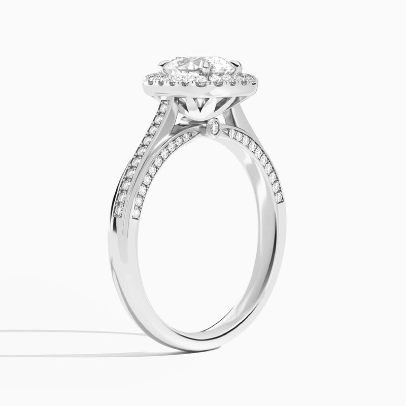 Oval Luxe Pavé Halo Lab Diamond Engagement Ring In 18K White Gold, Angle View