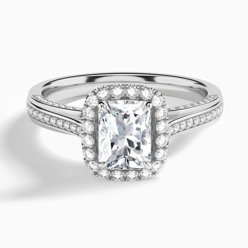 Radiant Luxe Pavé Halo Lab Diamond Engagement Ring In 14K White Gold - Lucenjuri
