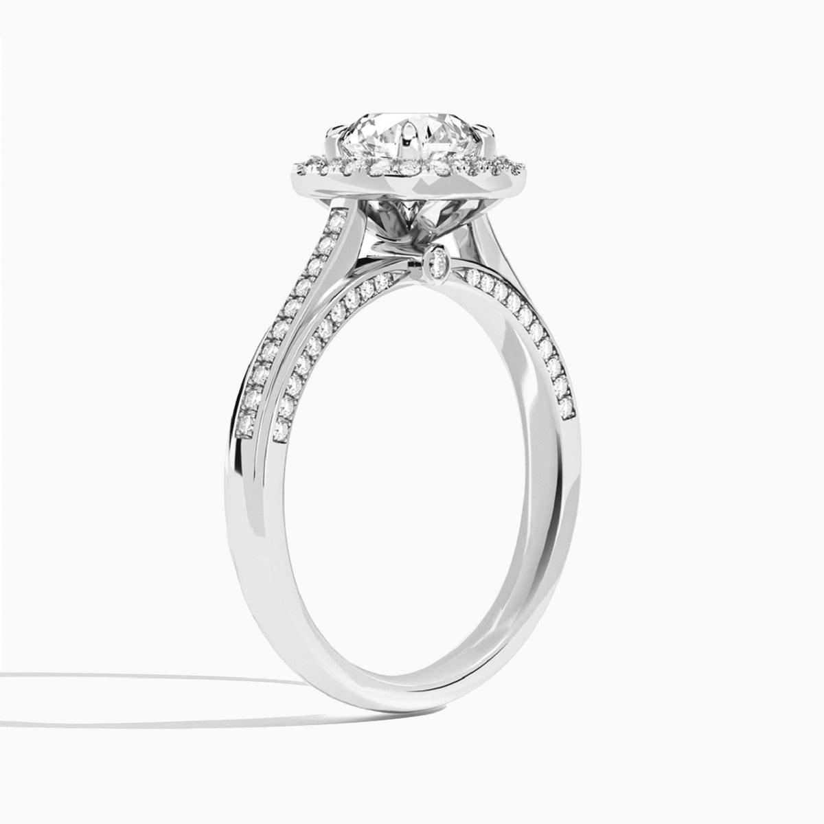 Round Luxe Pavé Halo Lab Diamond Engagement Ring In 18K White Gold, Angle View