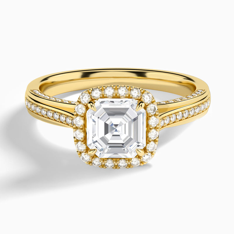 Asscher Luxe Pavé Halo Lab Diamond Engagement Ring In 14K Yellow Gold - Lucenjuri
