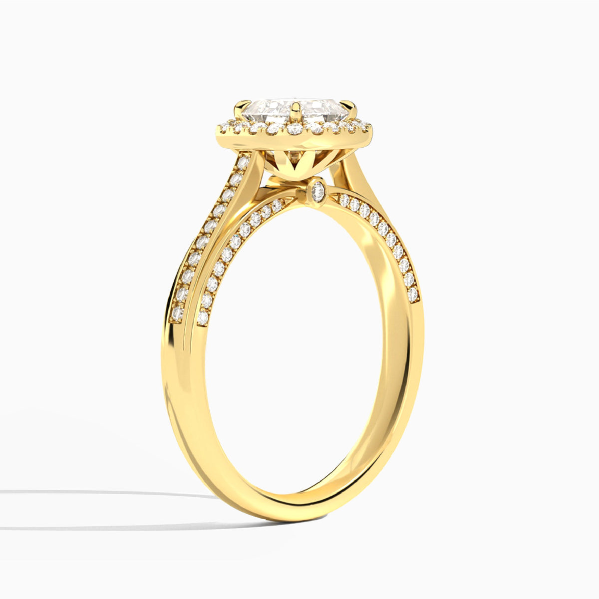 Asscher Luxe Pavé Halo Lab Diamond Engagement Ring In 18K Yellow Gold, Angle View