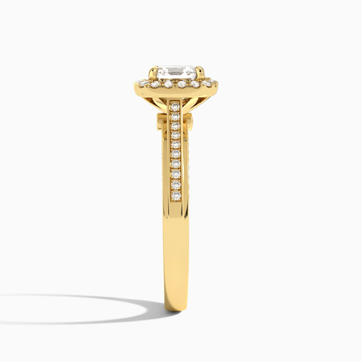 Asscher Luxe Pavé Halo Lab Diamond Engagement Ring In 18K Yellow Gold, Side View