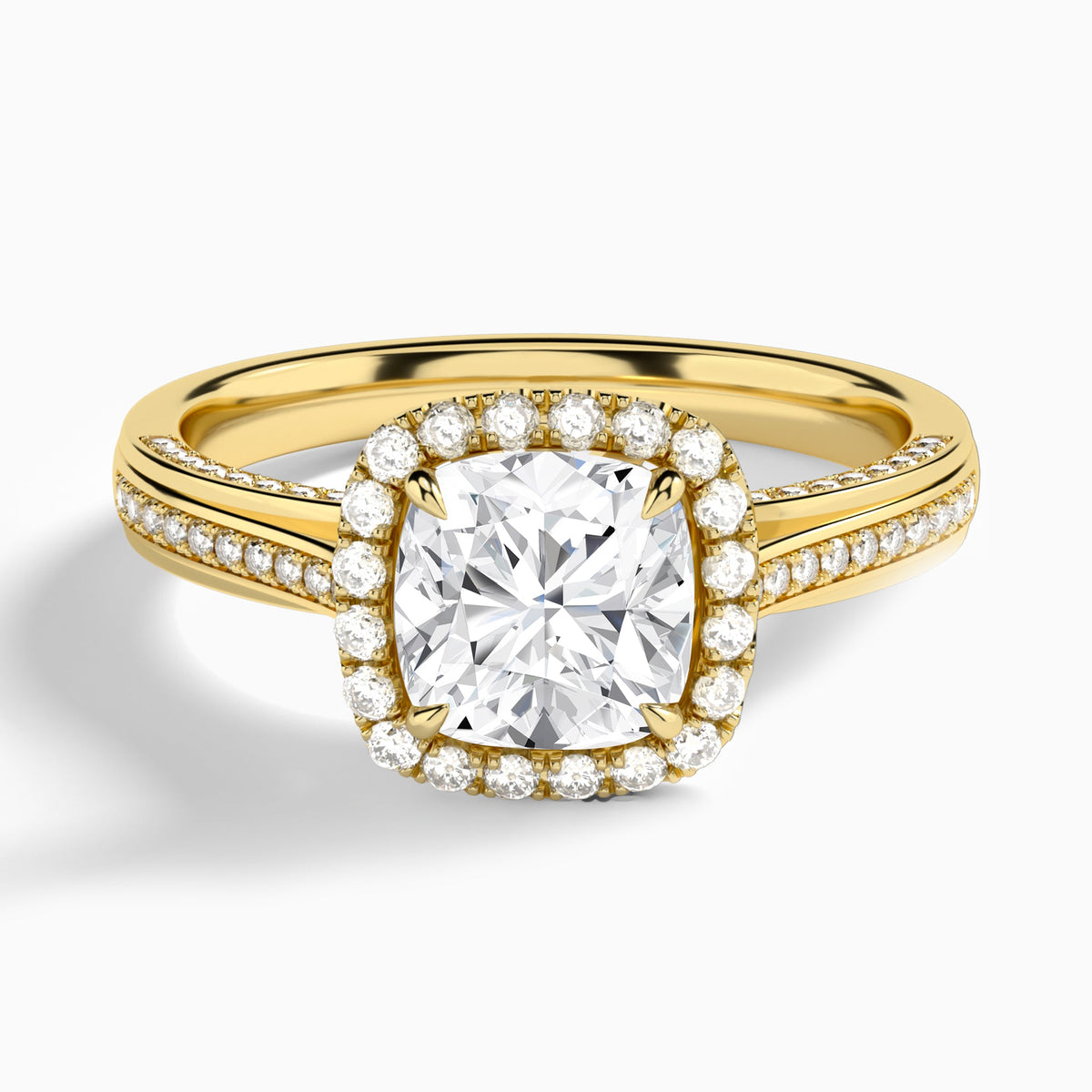 Cushion Luxe Pavé Halo Lab Diamond Engagement Ring In 14K Yellow Gold - Lucenjuri