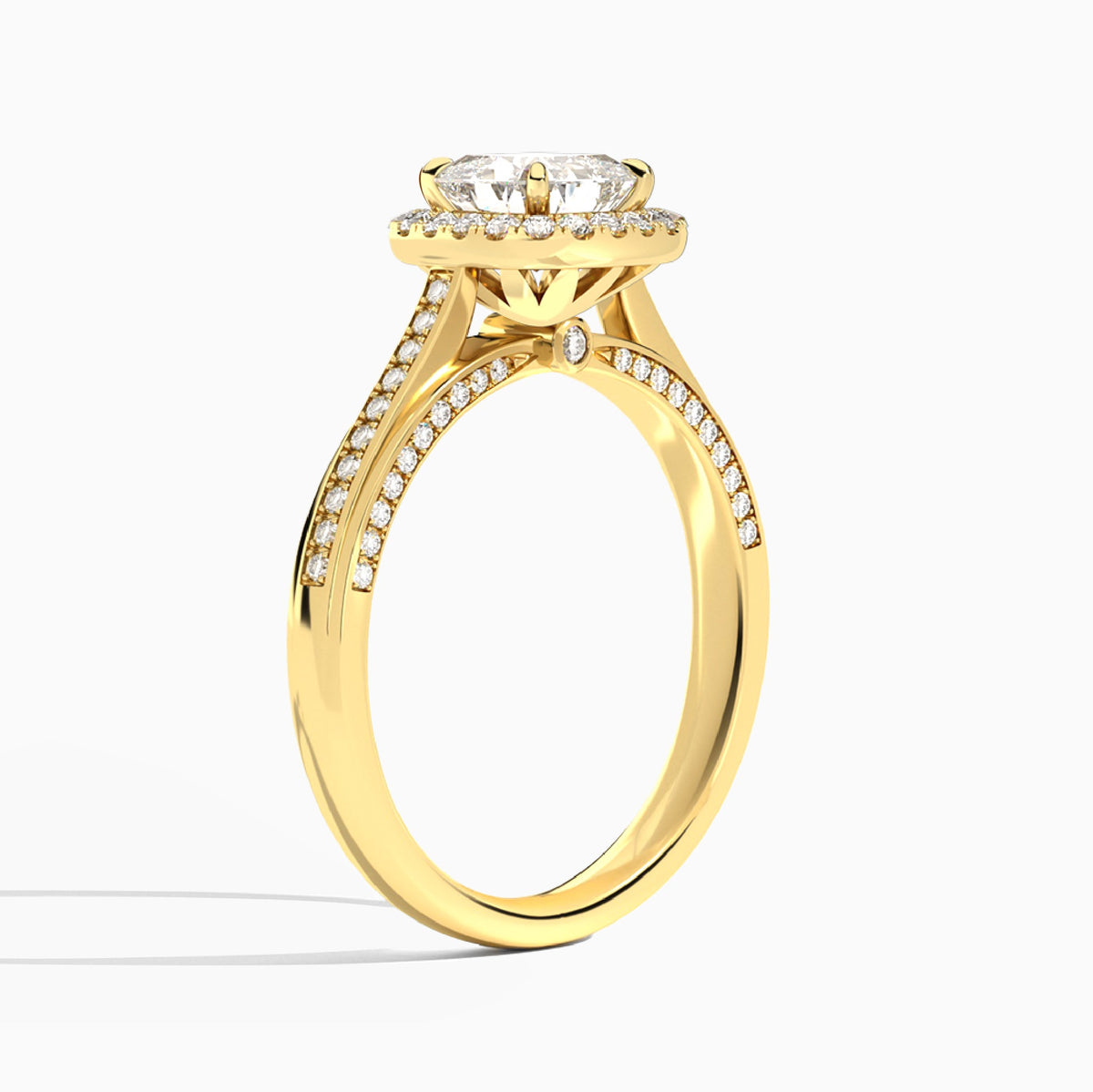 Cushion Luxe Pavé Halo Lab Diamond Engagement Ring In 14K Yellow Gold, Angle View