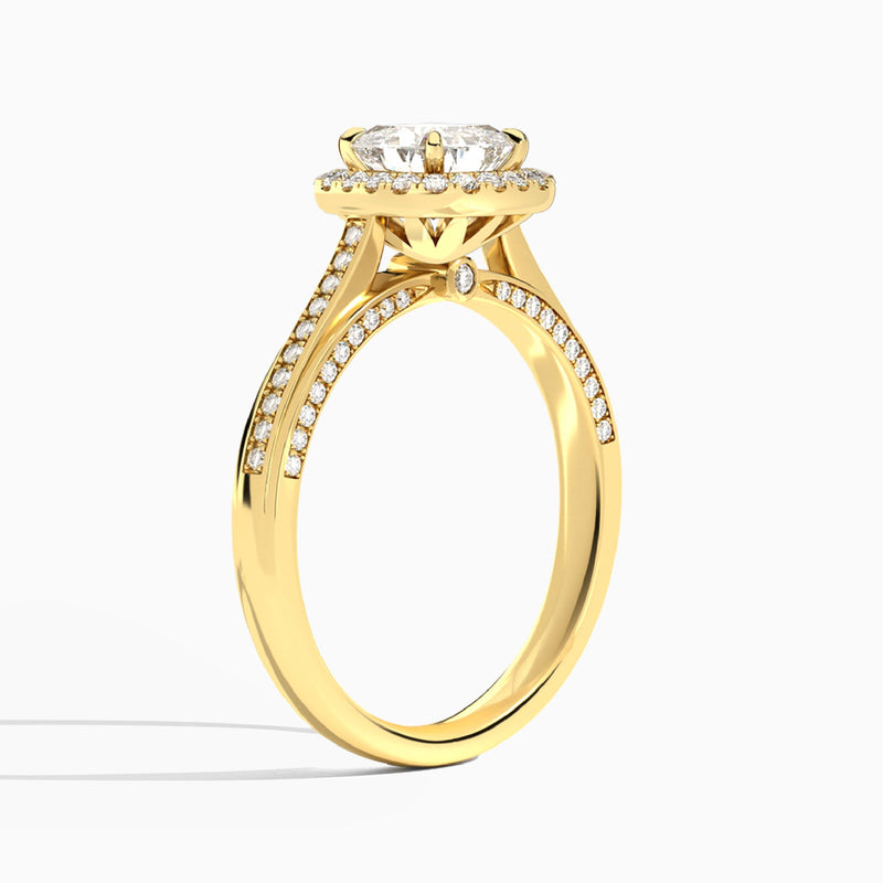 Cushion Luxe Pavé Halo Lab Diamond Engagement Ring In 18K Yellow Gold, Angle View