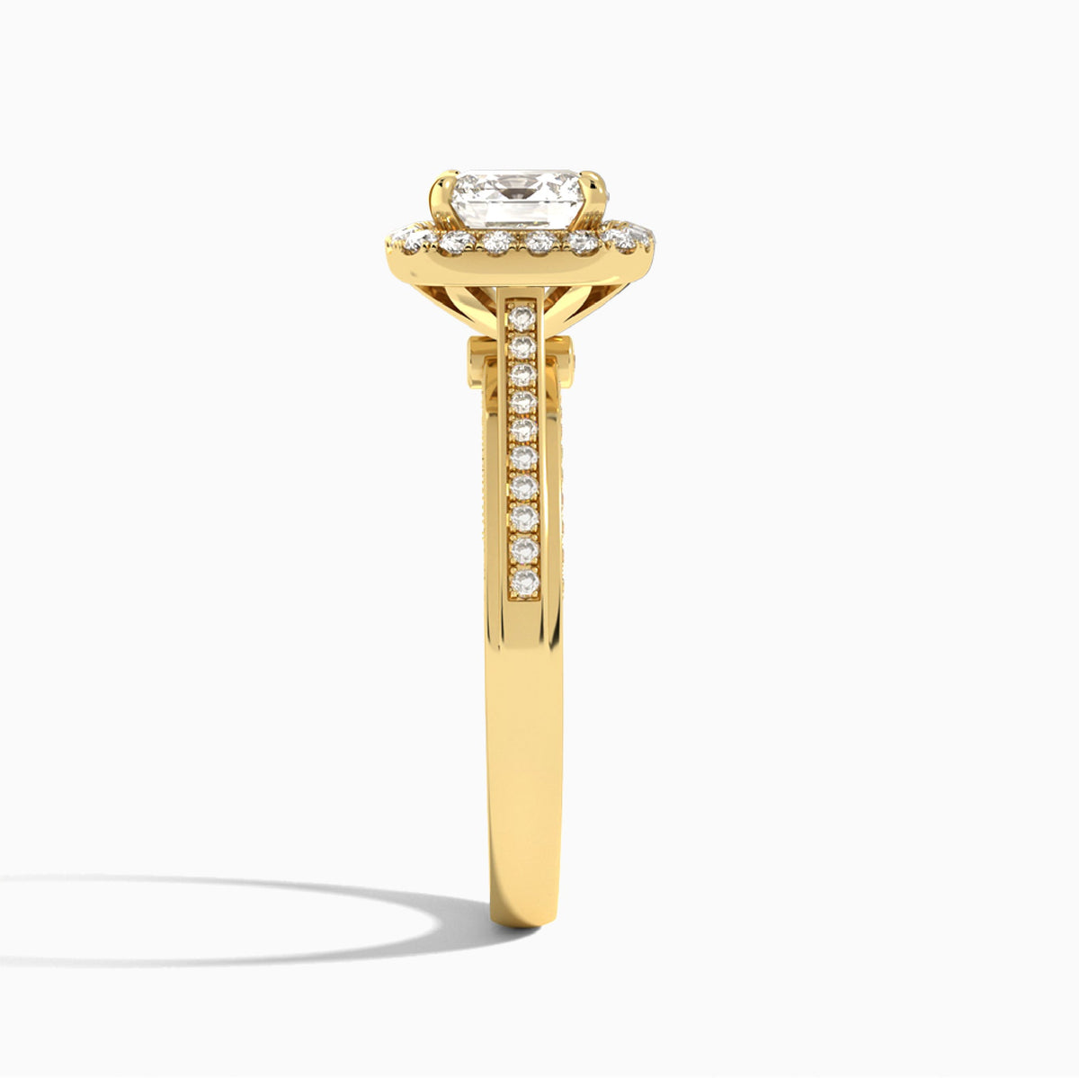 Cushion Luxe Pavé Halo Lab Diamond Engagement Ring In 14K Yellow Gold, Side View