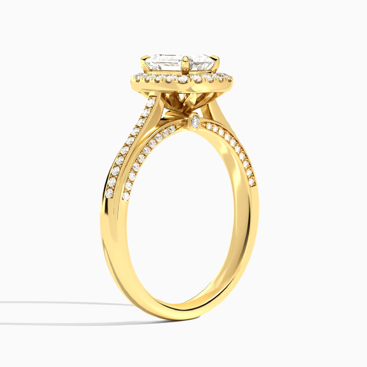 Emerald Luxe Pavé Halo Lab Diamond Engagement Ring In 18K Yellow Gold, Angle View