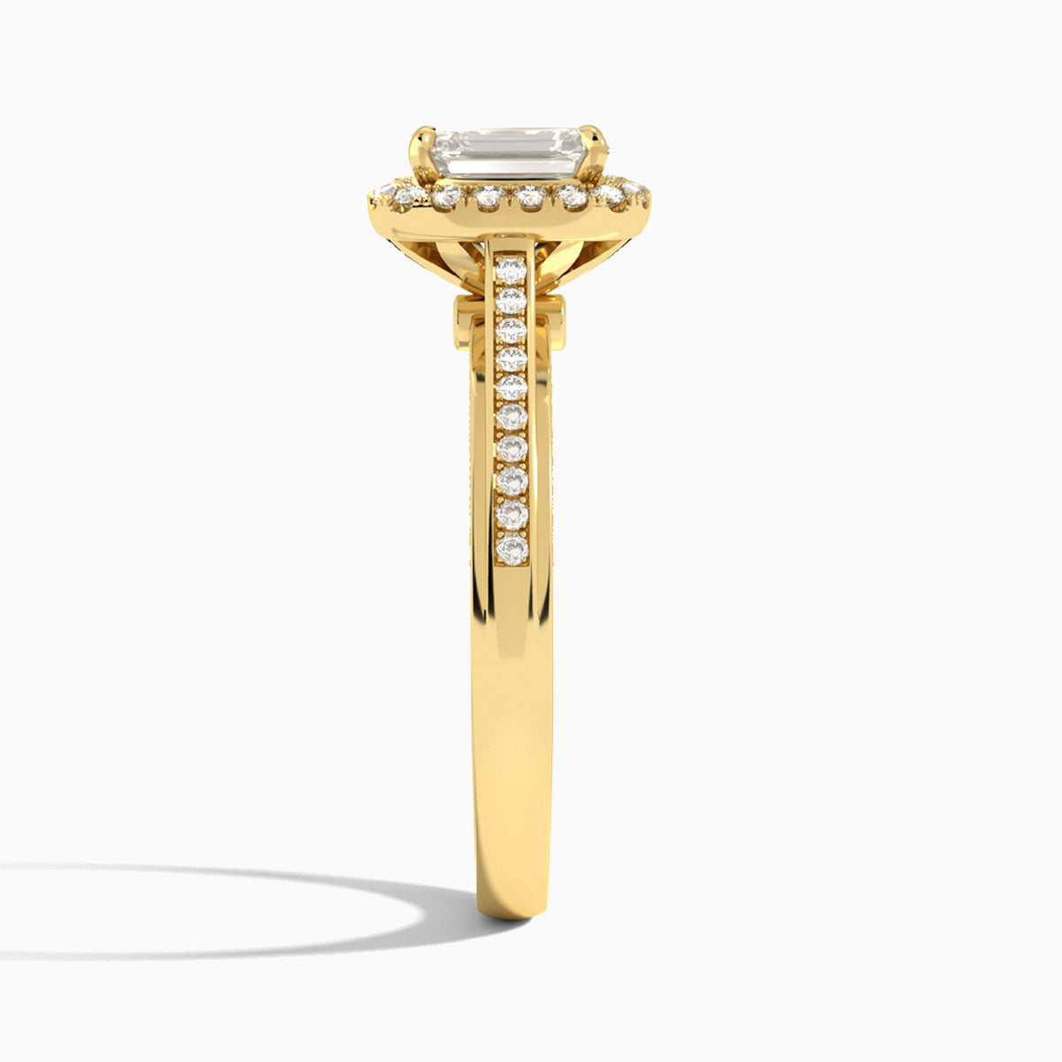 Emerald Luxe Pavé Halo Lab Diamond Engagement Ring In 14K Yellow Gold, Side View