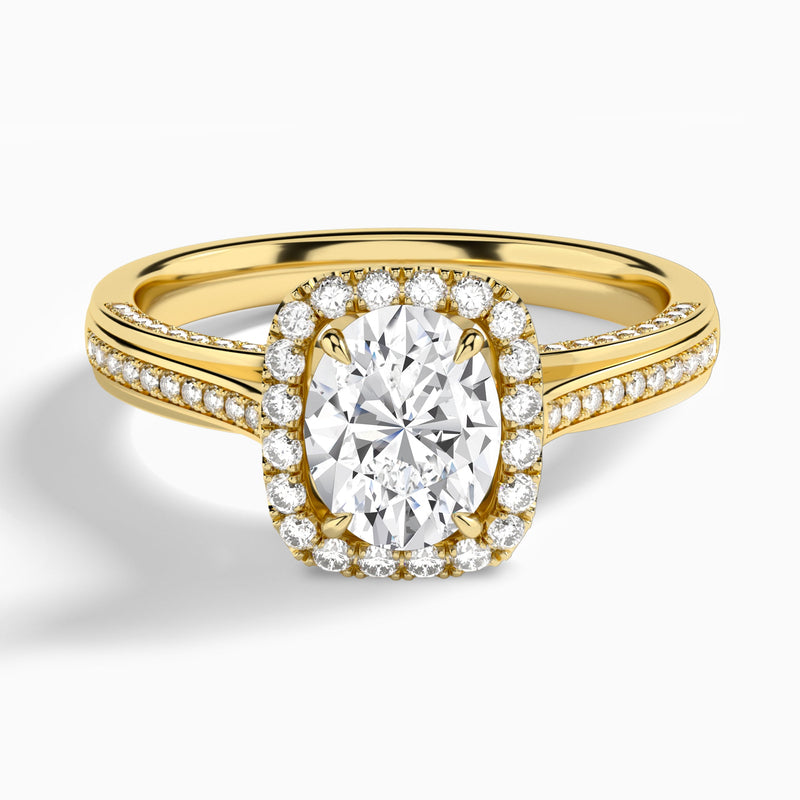 Oval Luxe Pavé Halo Lab Diamond Engagement Ring In 14K Yellow Gold - Lucenjuri
