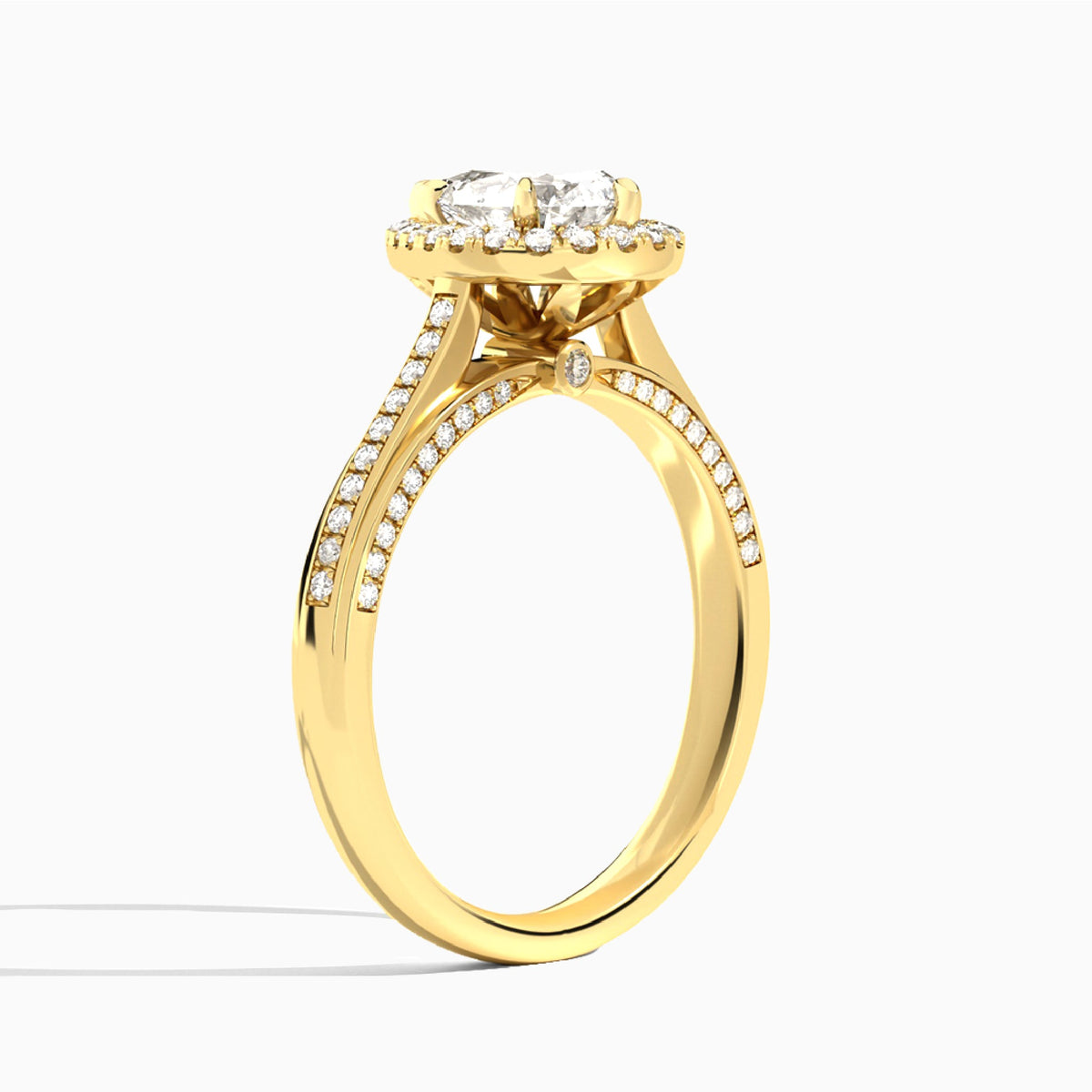 Pear Luxe Pavé Halo Lab Diamond Engagement Ring In 14K Yellow Gold, Angle View