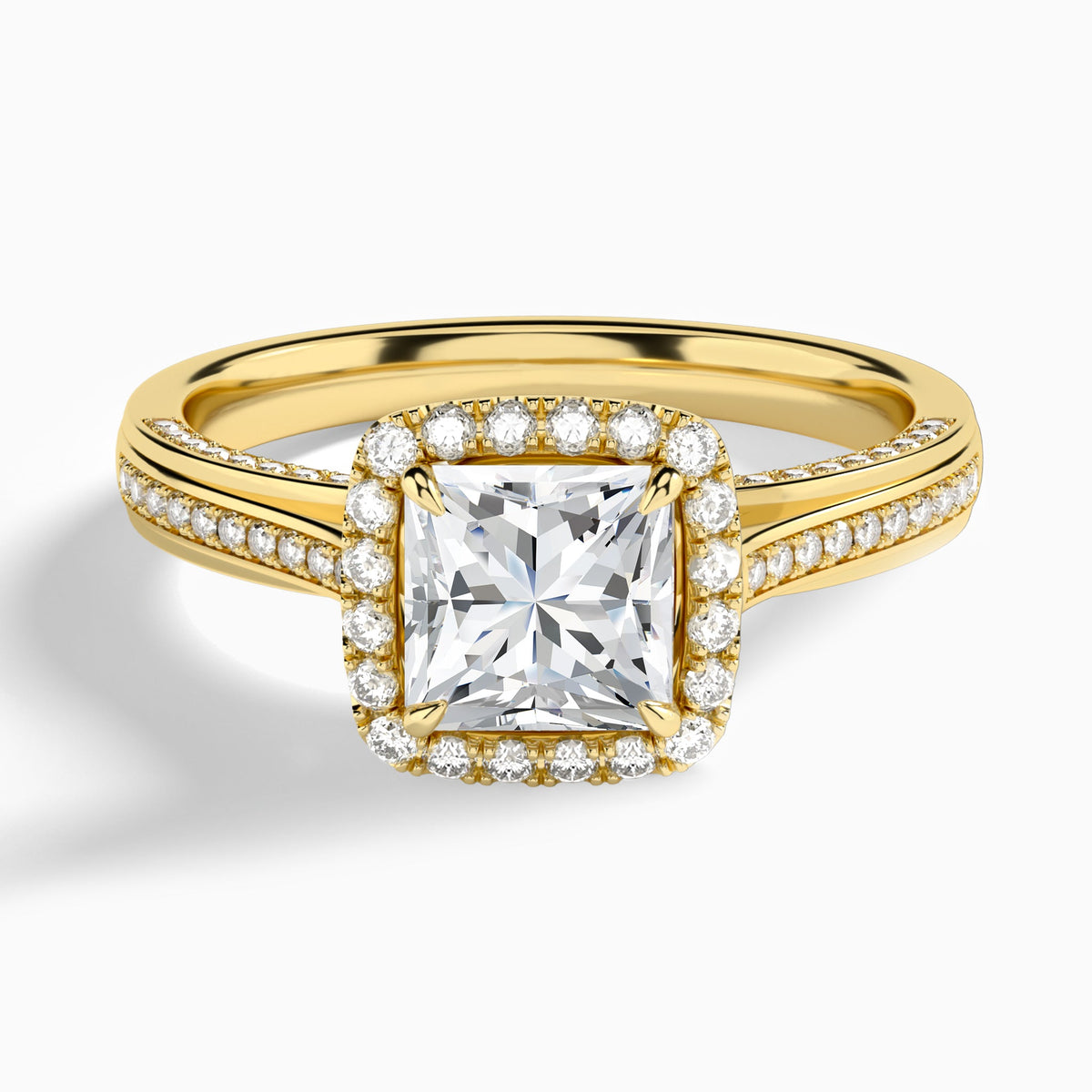 Princess Luxe Pavé Halo Lab Diamond Engagement Ring In 18K Yellow Gold - Lucenjuri