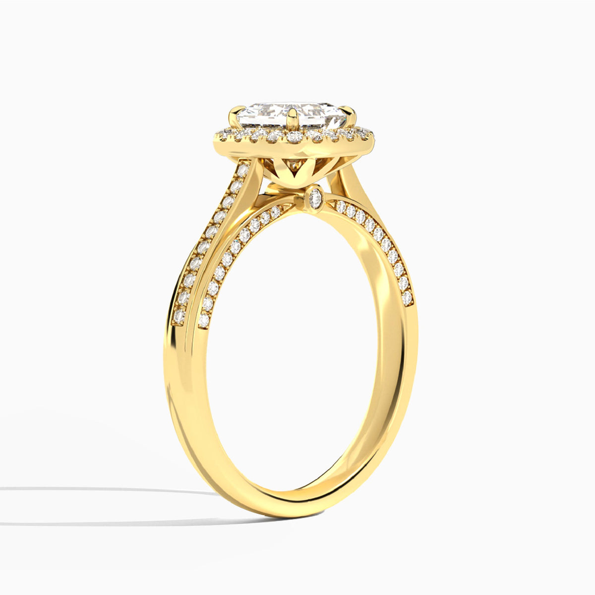 Princess Luxe Pavé Halo Lab Diamond Engagement Ring In 14K Yellow Gold, Angle View