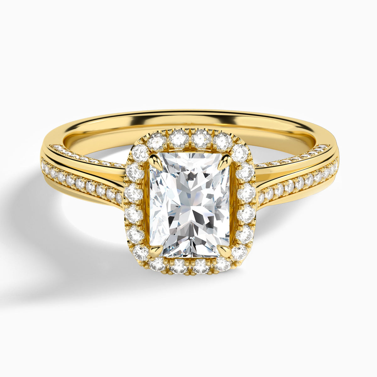Radiant Luxe Pavé Halo Lab Diamond Engagement Ring In 14K Yellow Gold - Lucenjuri