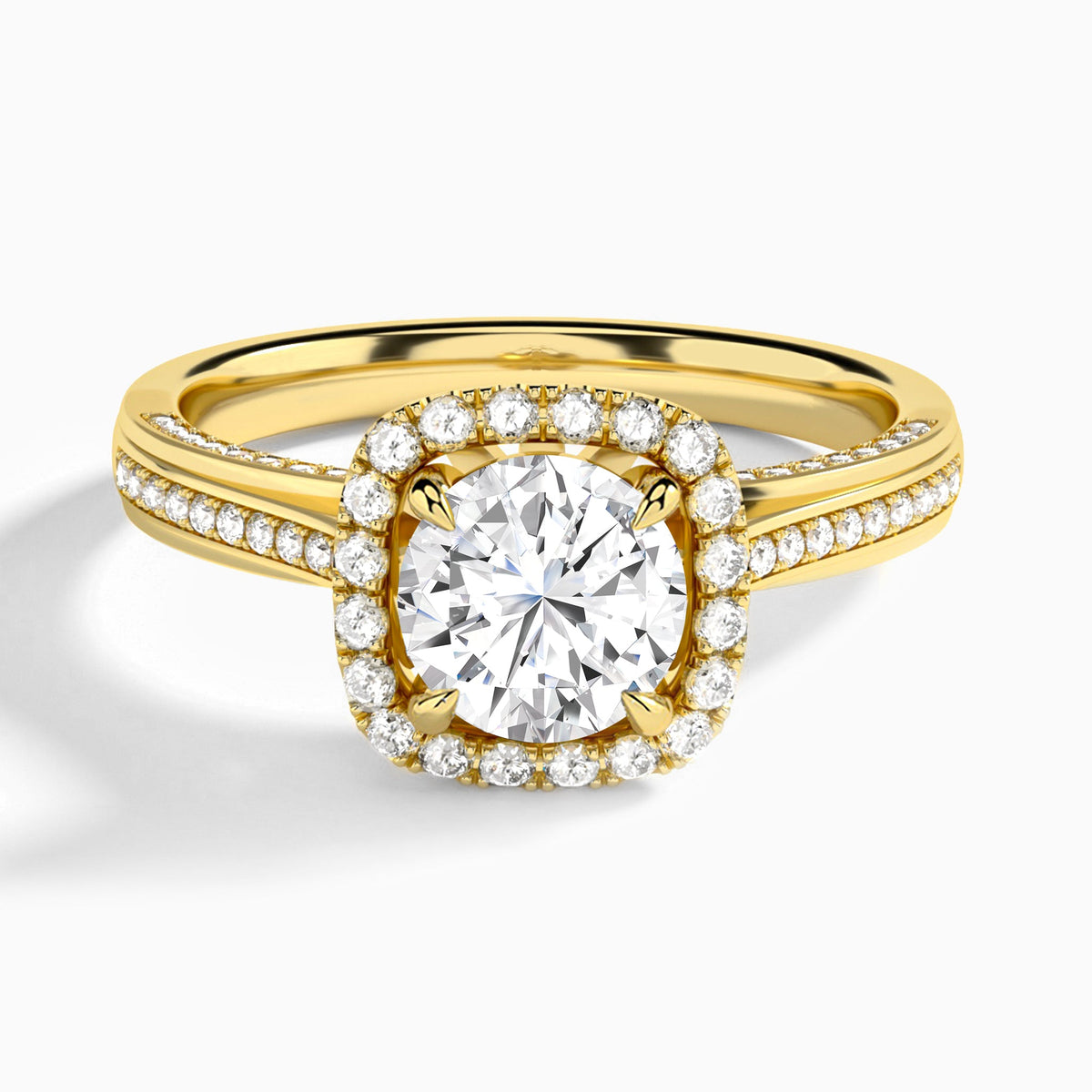 Round Luxe Pavé Halo Lab Diamond Engagement Ring In 14K Yellow Gold - Lucenjuri