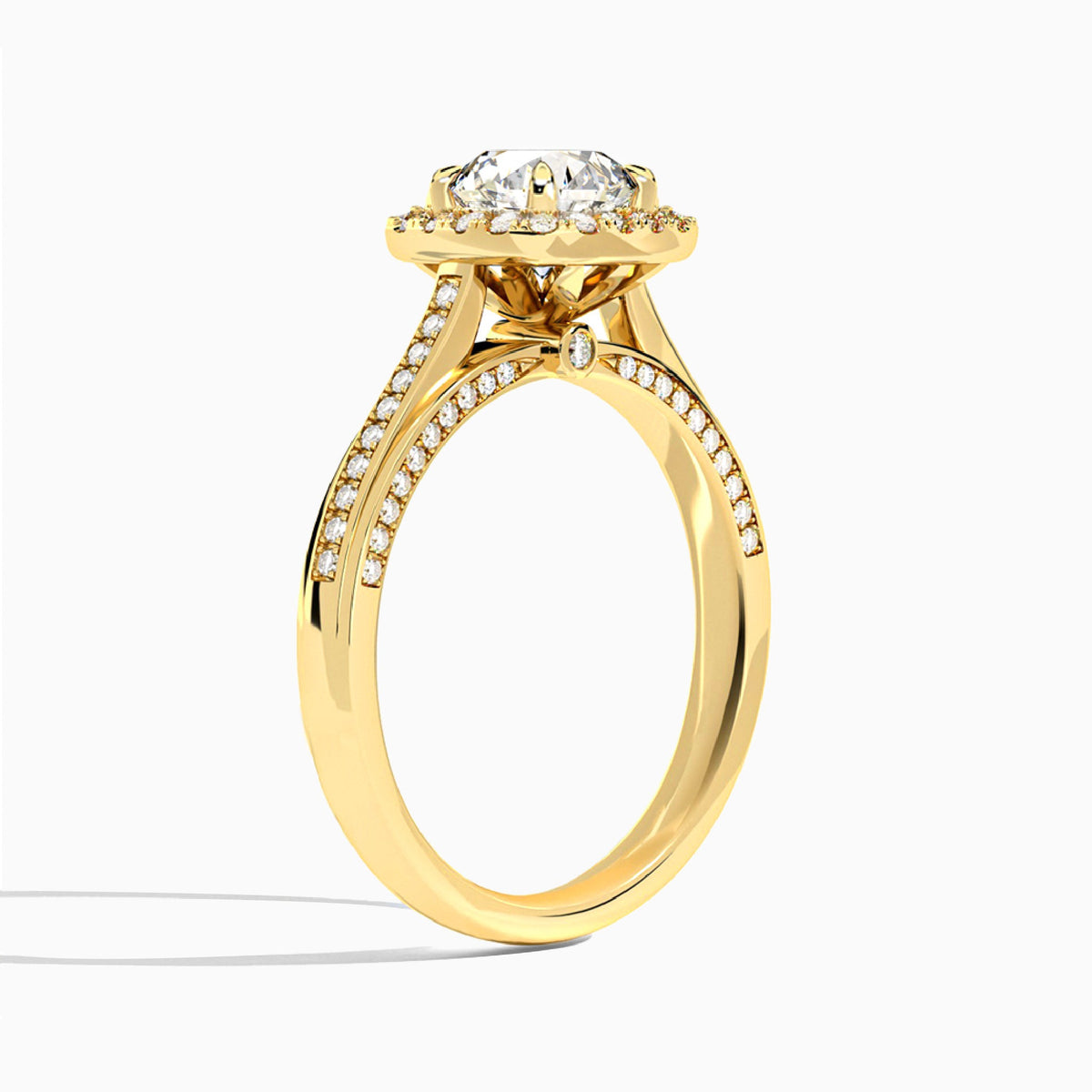 Round Luxe Pavé Halo Lab Diamond Engagement Ring In 14K Yellow Gold, Angle View