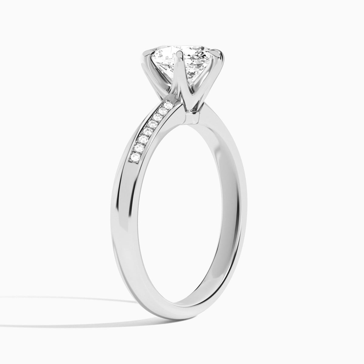 Oval Adorned Six-Prong Lab Diamond Engagement Ring In Platinum, Angle View