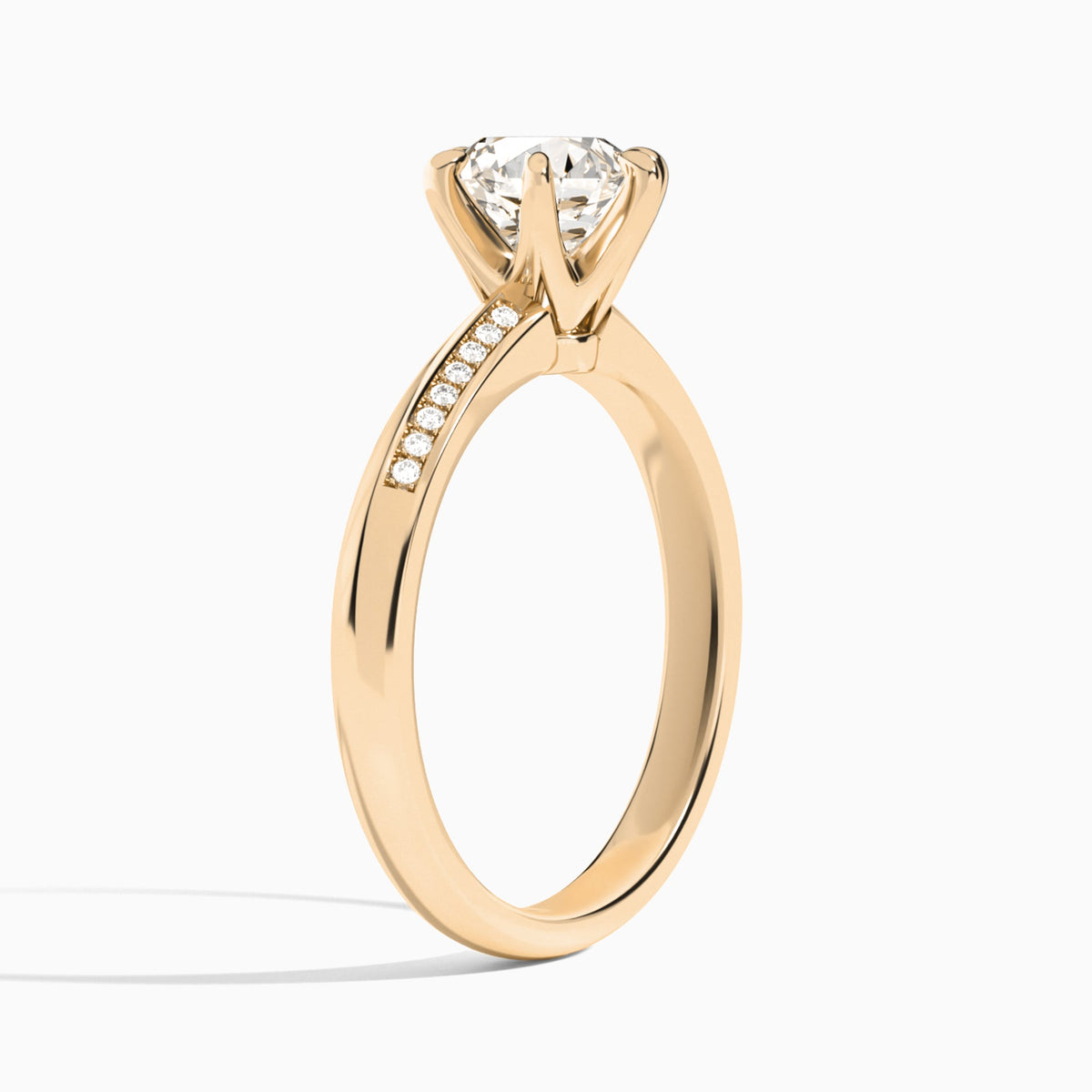 Round Adorned Six-Prong Lab Diamond Engagement Ring In 14K Rose Gold, Angle View