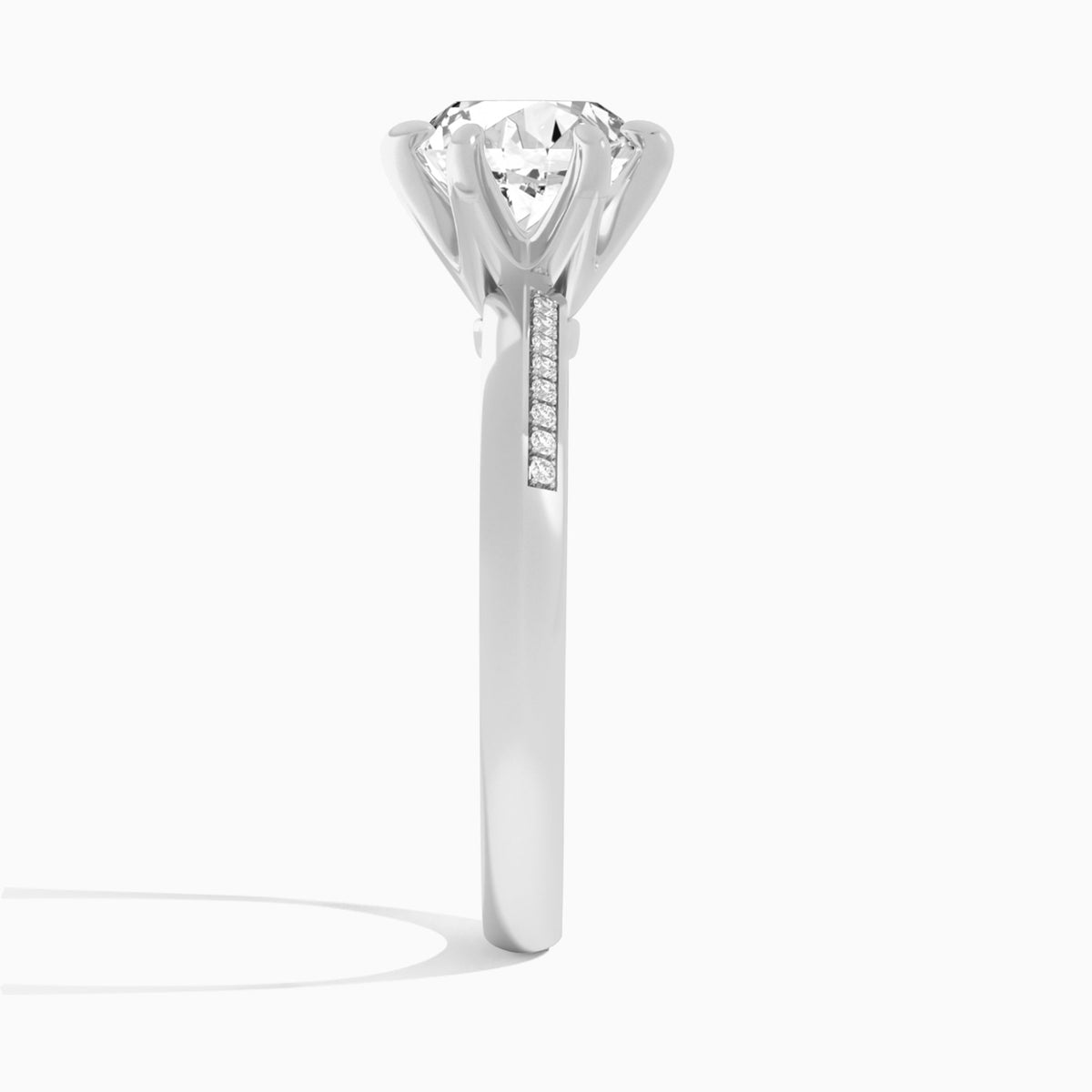 Round Adorned Six-Prong Lab Diamond Engagement Ring In 18K White Gold, Side View