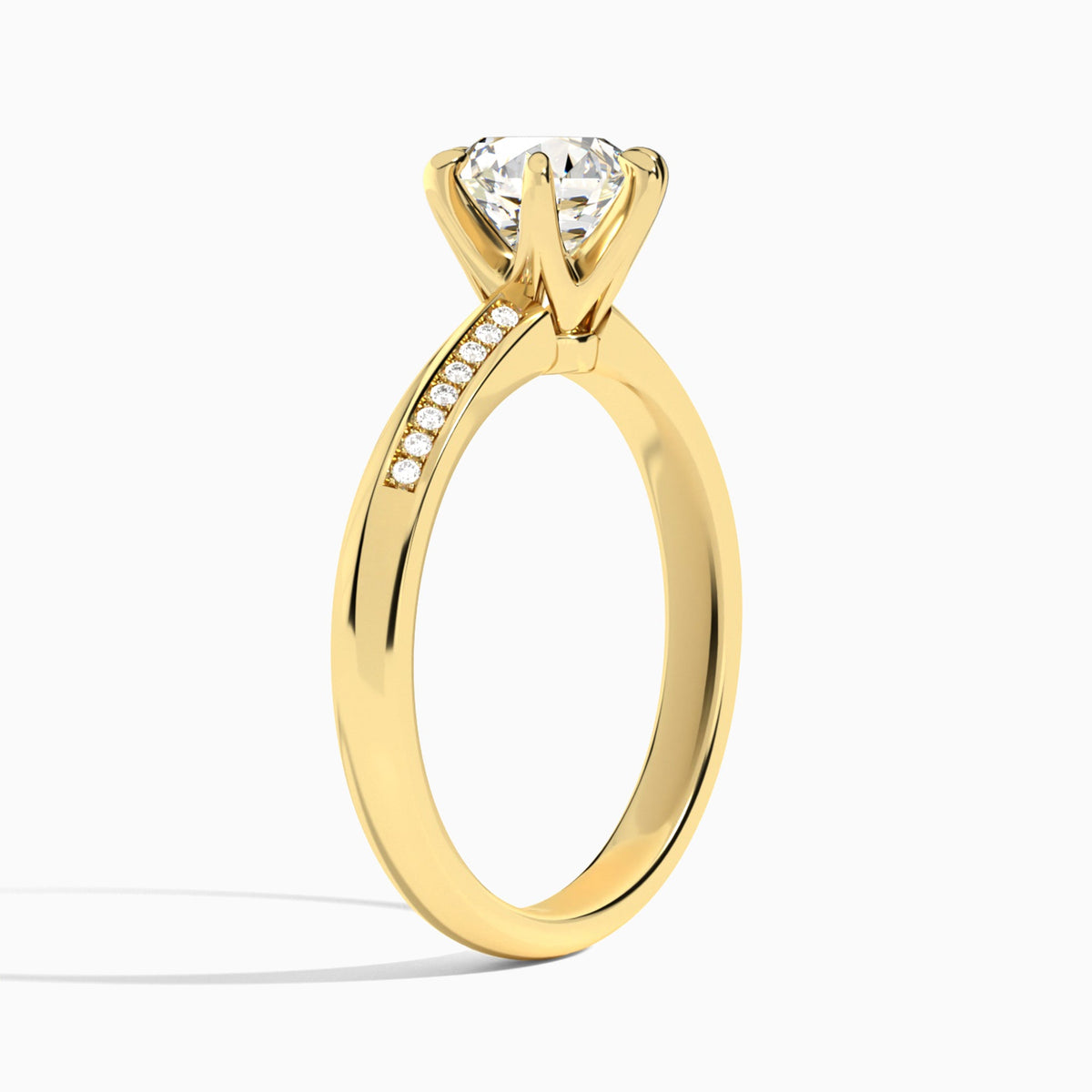 Round Adorned Six-Prong Lab Diamond Engagement Ring In 14K Yellow Gold, Angle View