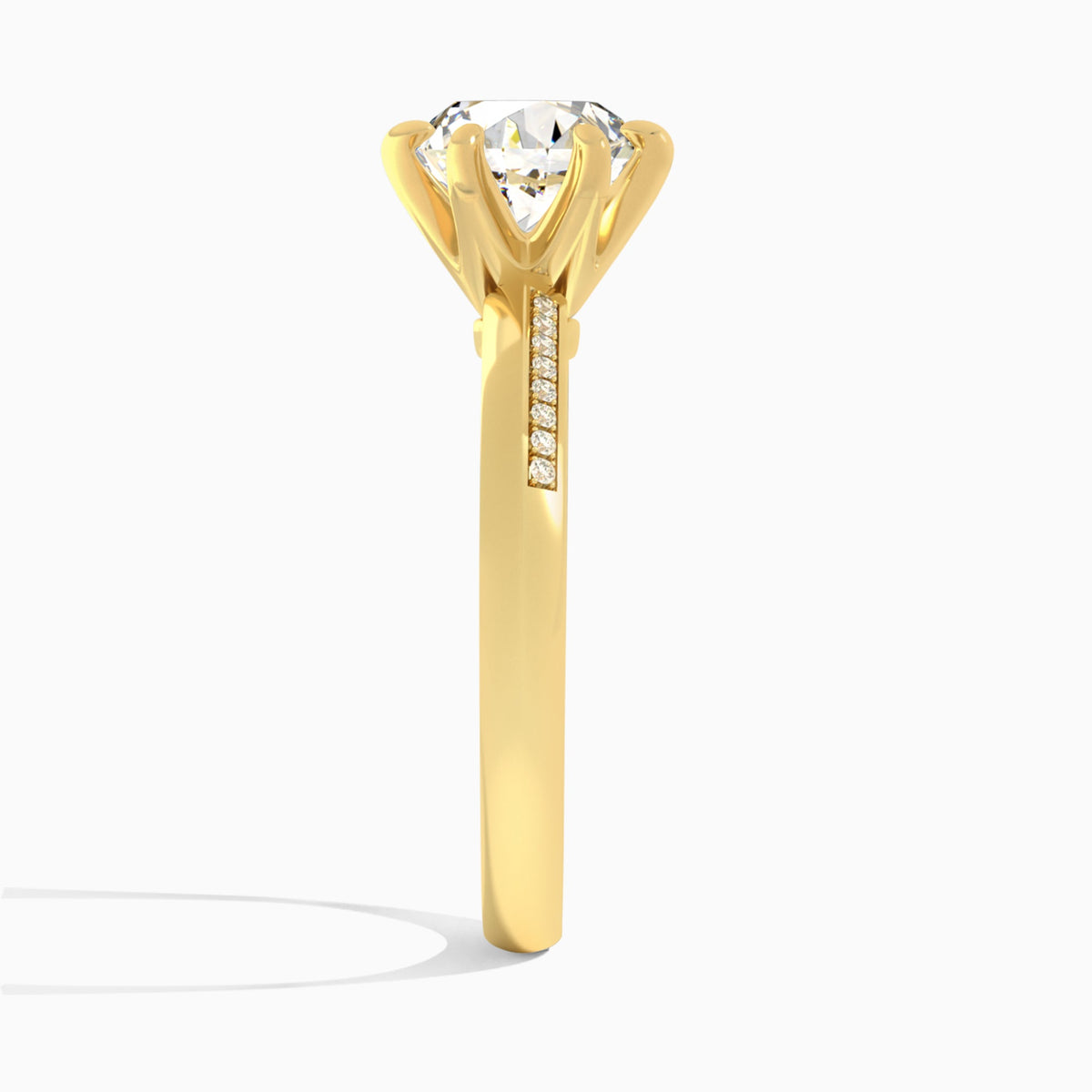 Round Adorned Six-Prong Lab Diamond Engagement Ring In 14K Yellow Gold, Side View