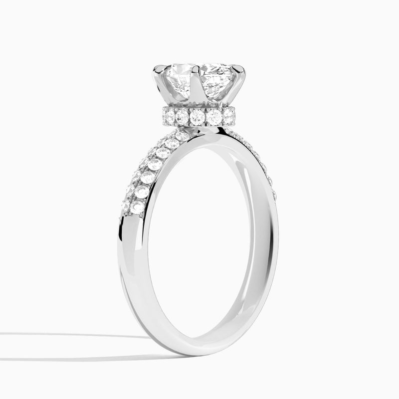 Oval Luxe Hidden Halo Six-Prong Lab Diamond Engagement Ring In 14K White Gold, Angle View