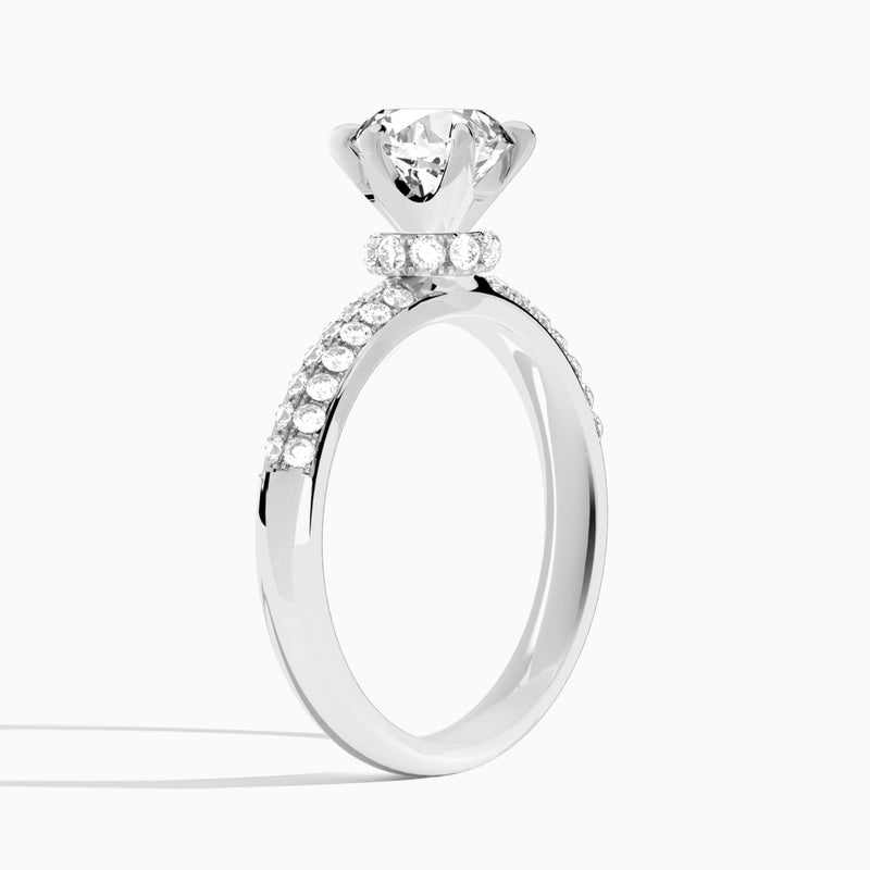 Round Luxe Hidden Halo Six-Prong Lab Diamond Engagement Ring In 18K White Gold, Angle View