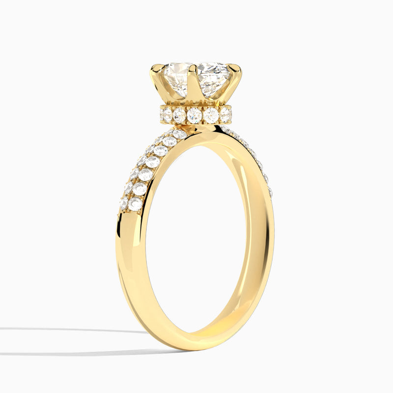 Oval Luxe Hidden Halo Six-Prong Lab Diamond Engagement Ring In 14K Yellow Gold, Angle View