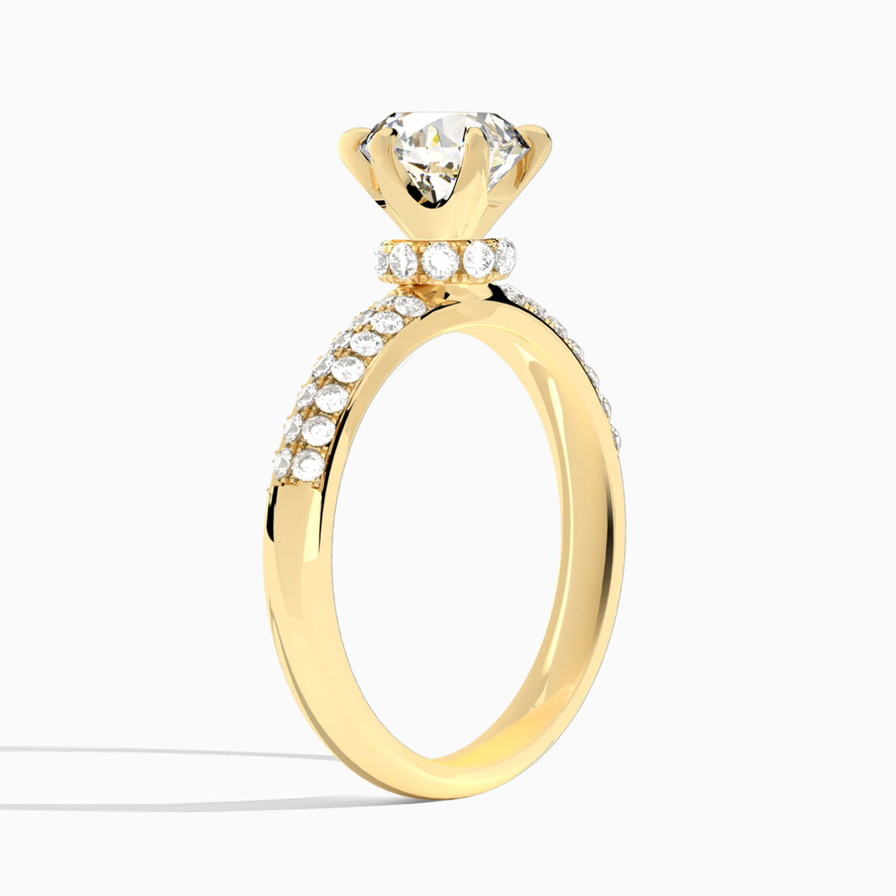 Round Luxe Hidden Halo Six-Prong Lab Diamond Engagement Ring In 14K Yellow Gold, Angle View