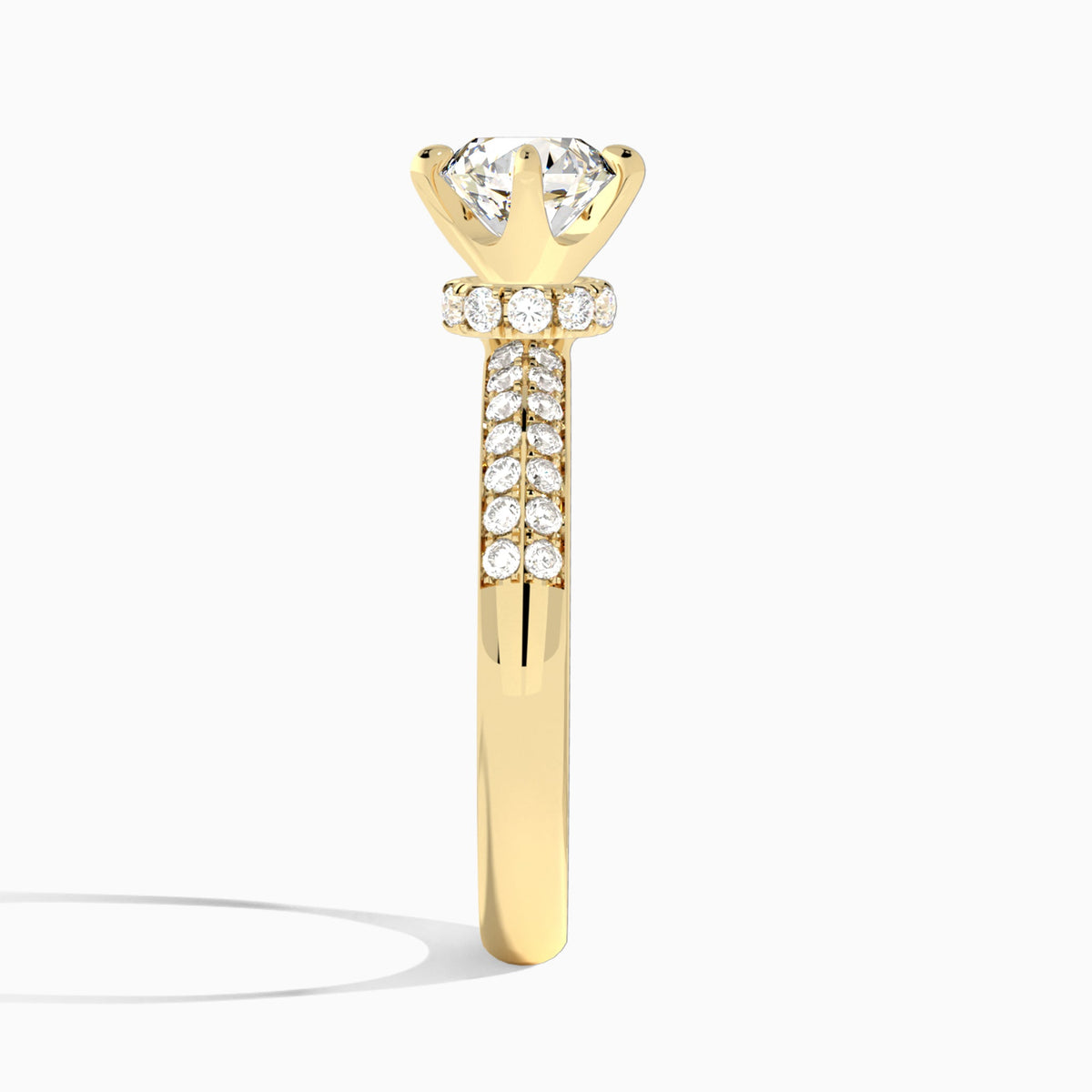 Round Luxe Hidden Halo Six-Prong Lab Diamond Engagement Ring In 18K Yellow Gold, Side View