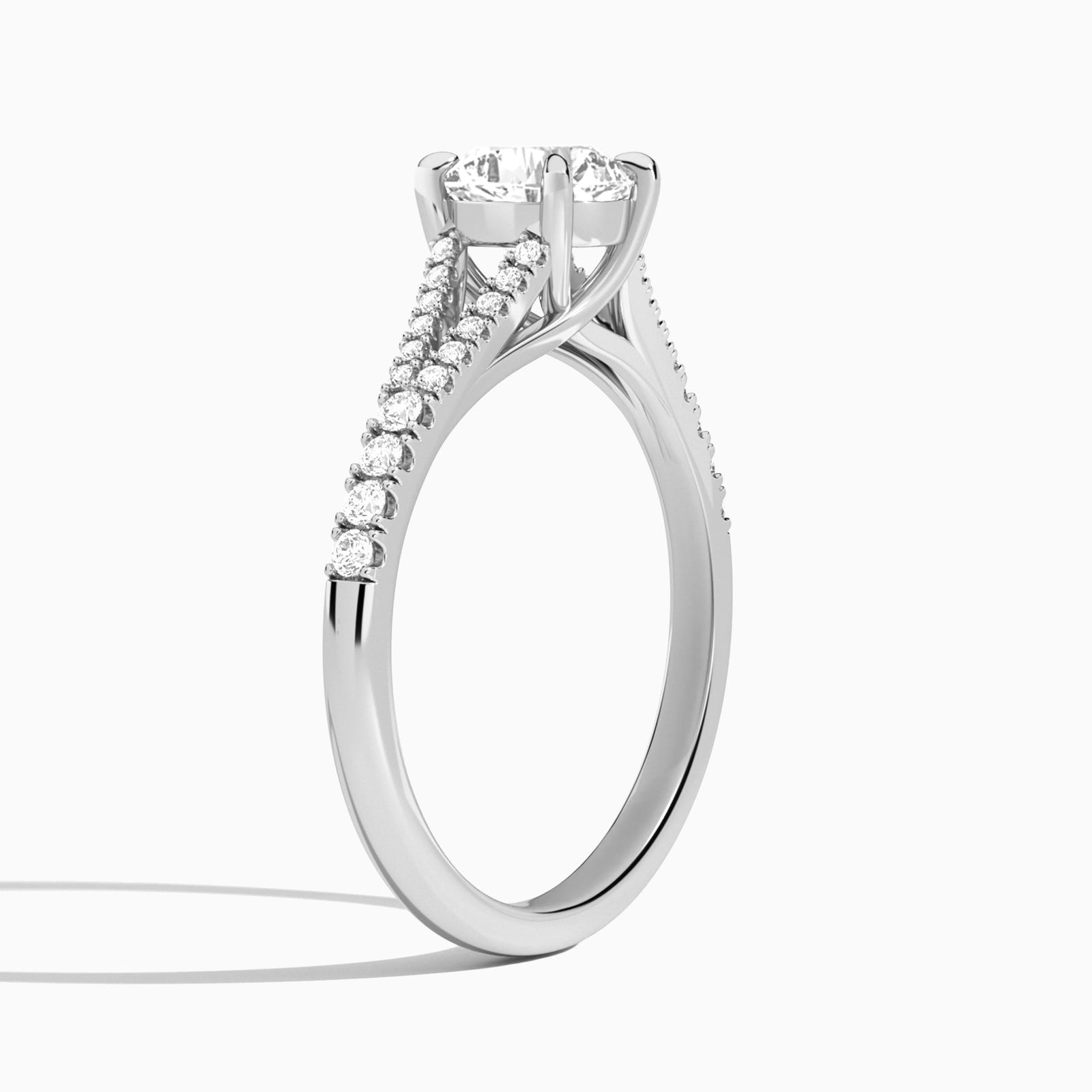 Cushion Split Shank Lab Grown Diamond Engagement Ring In Platinum, Angle View