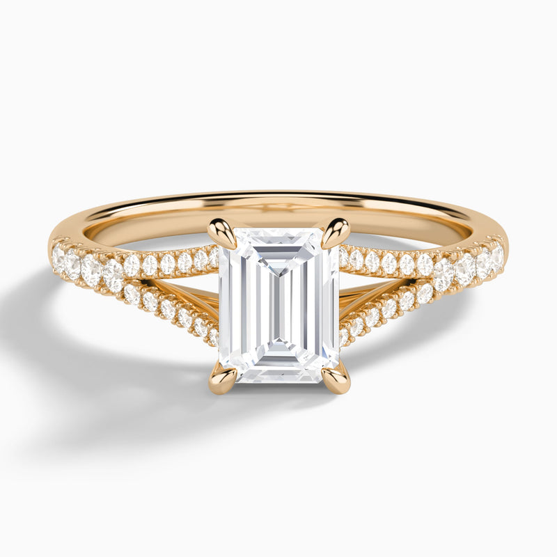 Emerald Split Shank Lab Grown Diamond Engagement Ring In 14K Rose Gold - Lucenjuri