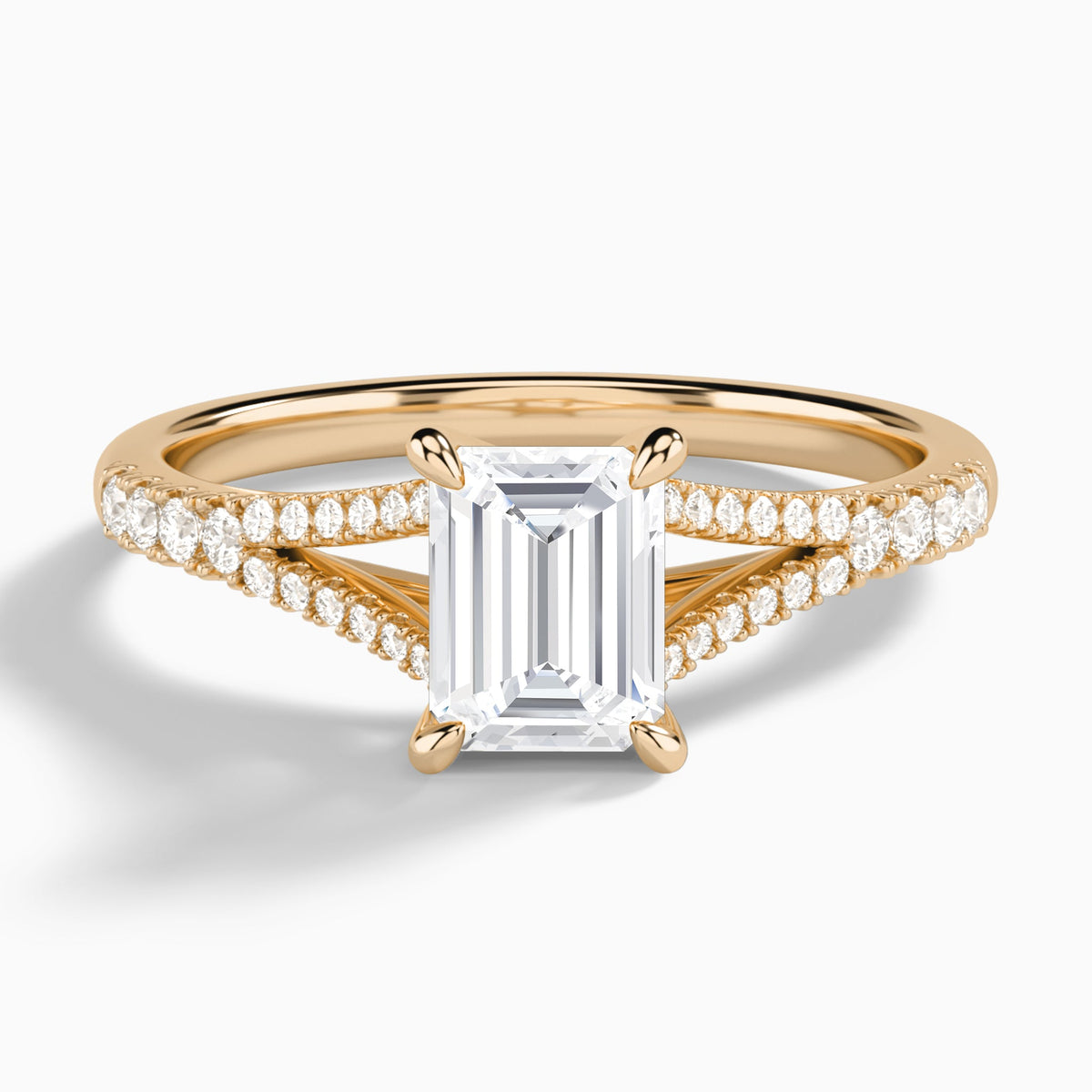 Emerald Split Shank Lab Grown Diamond Engagement Ring In 14K Rose Gold - Lucenjuri