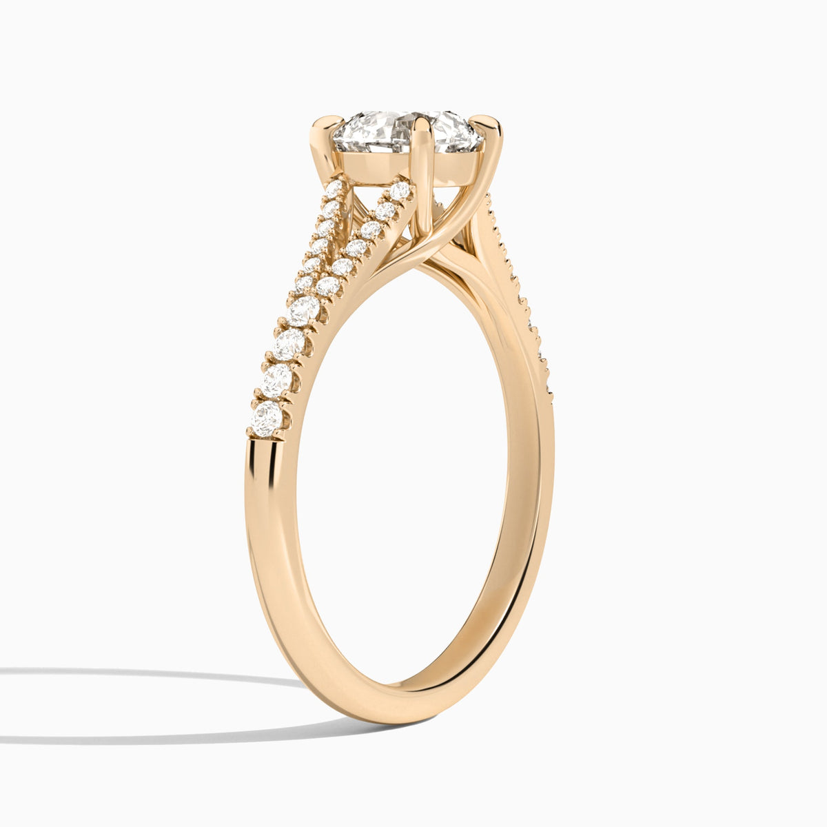 Round Split Shank Lab Grown Diamond Engagement Ring In 14K Rose Gold, Angle View