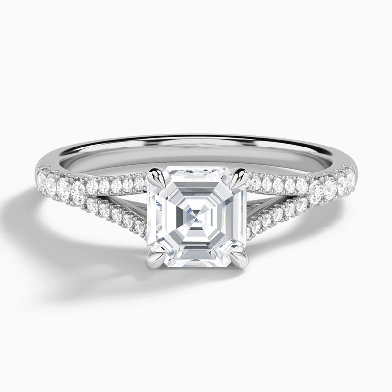Asscher Split Shank Lab Grown Diamond Engagement Ring In 18K White Gold - Lucenjuri